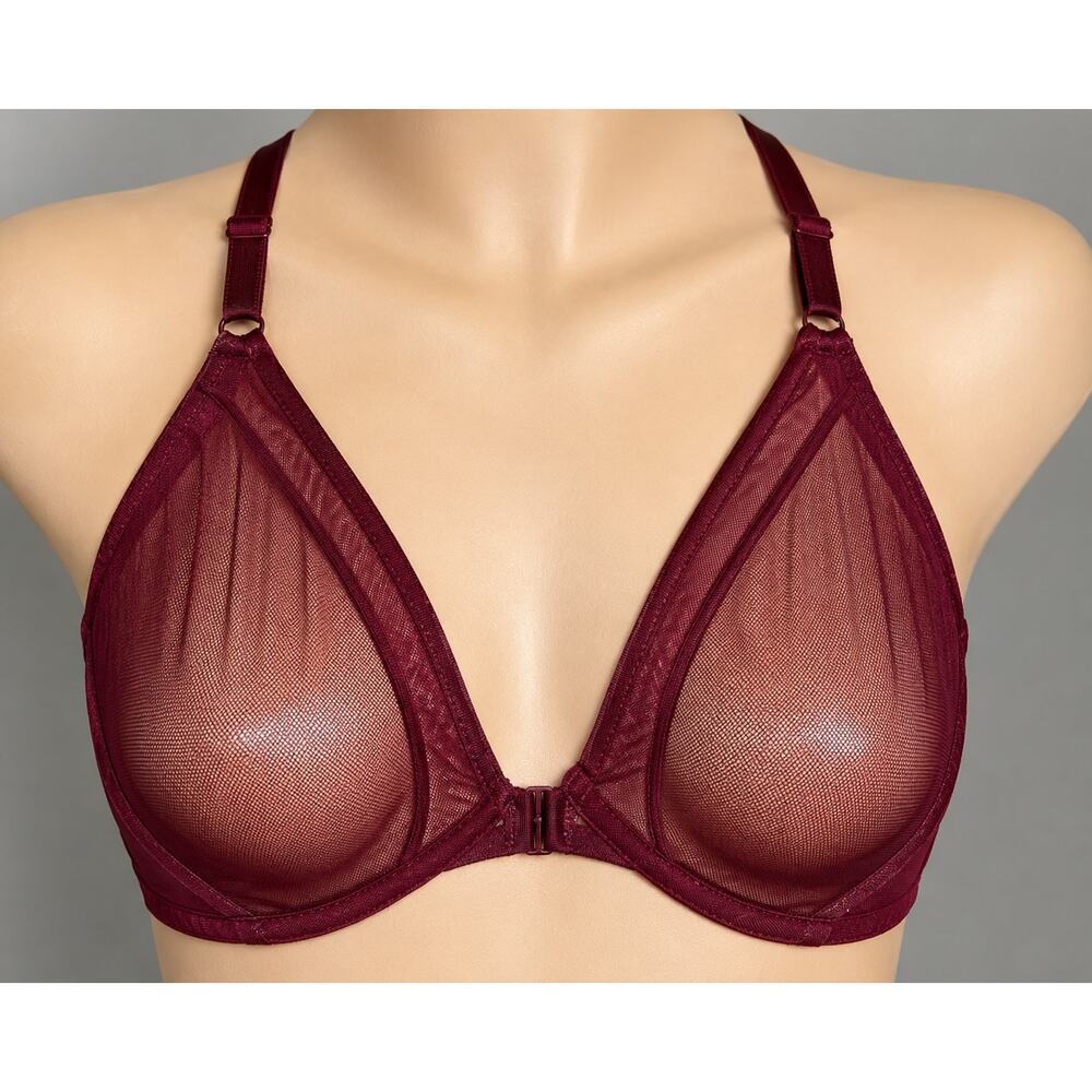 Vintage Sheer Mesh Bra 36D Maidenform Burgundy Unlined Underwire Front Close
